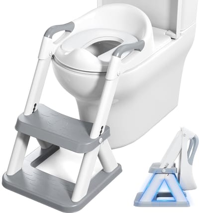Kindertoilettrainer met trap - Opvouwbaar en in hoogte verstelbaar - Gevoerde zitting - Antislip treden - Veiligheidsgreep