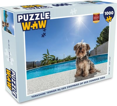 Puzzel Yorkshire Terrier bij een zwembad op een zonnige dag - Legpuzzel - Puzzel 1000 stukjes volwassenen