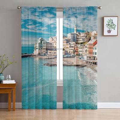 Tuin Italiaanse boog architectonische bloemen straat tule gordijnen voor woonkamer chiffon doorschijnende voile keuken slaapkamer gordijn 1 PCS W100XH250cm&Grommet Top gray