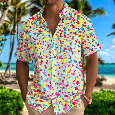 Chemise Rafraîchissante Macaron Fragments Géométriques Abstraits Contrastants, Imprimé Végétal Vert Chemise à Manches Courtes pour Homme 3XL yellow