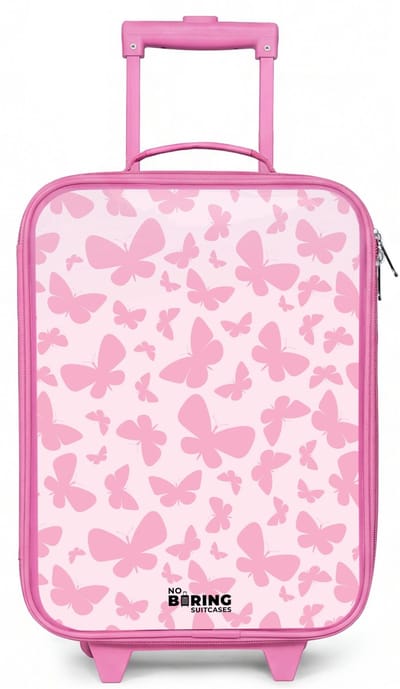 NoBoringSuitcases.com® - Kinderkoffer roze - Kindertrolley meisje - Roze vlinders - Koffer kind lichtgewicht - Reiskoffer trolley voor kinderen - Koffertje met lichtgevende wieltjes - Rolkoffer