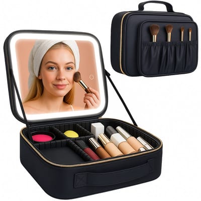 Make Up Tasje Met Spiegel en Lampje - Make Up Organizer Tas - Beautycase Koffer - Reizen - Travel - Vakantie - Zwart - Peach Beauty