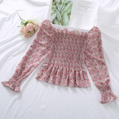 Pofmouw Chiffon Blouse Dames Blouse Strakheid Slim Vierkante Hals Zoet Gebroken Bloemen Lange Mouwen Top Elastische Taille Casual Zomer XL