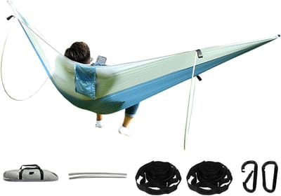 Draagbare Hangmat - Reishangmat Outdoor - Ontspannen in Natuur - Dubbele Steunpalen - 290 x 140 cm - Blauw