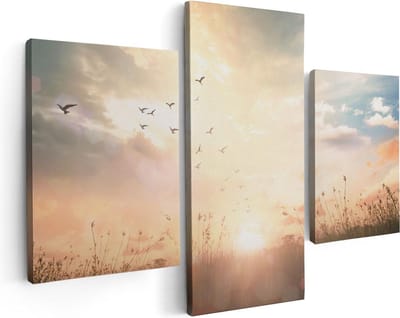 Artaza Canvas Schilderij Drieluik Silhouet Vogels Tijdens Zonsopkomst - 90x60 - Foto Op Canvas - Canvas Print