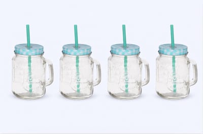 Cosy & Trendy Drinkbekers Set van 4 – Glazen Bekers met Oor, Blauw Geruit Deksel en Rietje – 350 ml