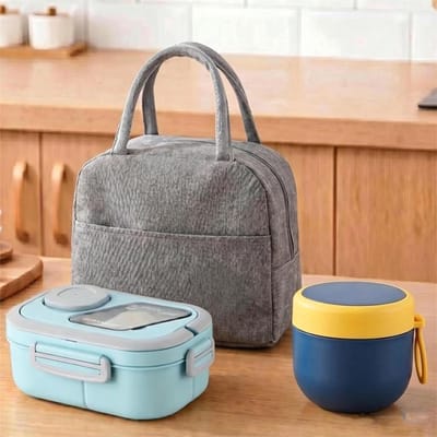 KZQ Lunchboxset - Ontwerp met meerdere compartimenten, lekvrij, geschikt voor magnetron en vaatwasser - Inclusief sausbakje, bestek en draagtas - Geschikt voor werk, school en picknicks - blauw - 1200 ml