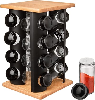 orion groep kruidenrek kruidencarrousel draaibaar kruidenrek met 16 glazen containers robuust gemaakt van hout metaal 17,5x17,5x29 cm