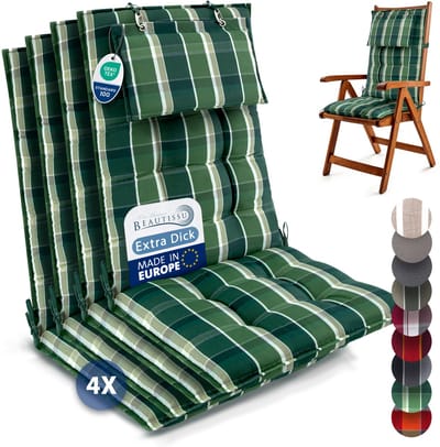Beautissu Sun-HL - Set van 4 Premium Hoge Rugleuning Kussen met Hoofdkussen 120x50 cm – UV-bestendig & 8cm Dik Kussen Tuinstoelkussen Antislip Bevestigingsbanden – Stevige Stof Groen geblokt