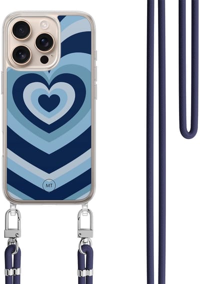 Hoesje met koord geschikt voor iPhone 16 Pro - Hart blauw - Inclusief zwart koord - Crossbody beschermhoes - Transparant, Blauw - Mooie Telefoonhoesjes