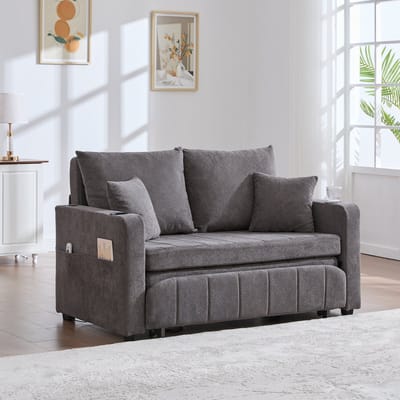 MIVRAY Slaapbank 139 x 83 x 58 cm - Uitschuifbaar Met Opbergvakken En Kussens - Voor Kleine Woonruimte - Chenille Grijs
