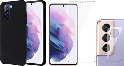 Hoesje geschikt voor Samsung Galaxy S21 FE - Matte Back Cover Microvezel Siliconen Case Hoes Zwart - Tempered Glass Screenprotector - Camera Lens Protector