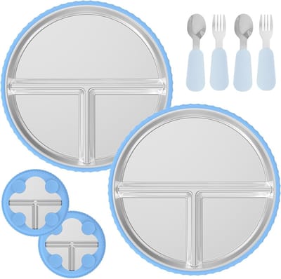 2 stuks roestvrijstalen zuignap voor peuters - 9 inch siliconen zuignap voor baby's - inclusief 2 stuks lepel-vork bestek voor peuters - 3-delige uitneembare voedingsset voor kinderen - essentiële babyvoeding - Grijsblauw
