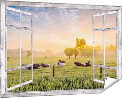 Gards Tuinposter Doorkijk Koeien in de Wei tijdens Zonsopgang - 150x100 cm - Tuindoek - Tuindecoratie - Wanddecoratie buiten - Tuinschilderij