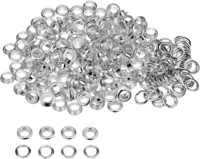 Set van 300 metalen ingestanste ringen, 8 mm, met sluitringen voor schoenen, kleding, riemen, etiketten, tassen, stoffen, leer, doe-het-zelfprojecten, zilverkleurig