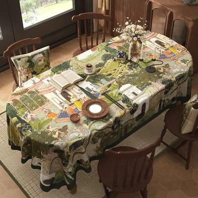 Nappe de Jardin Style Français Vintage Verte Imprimée Housse Décorative Anti-poussière Rectangulaire pour Table de Banquet Pique-nique Tapis de Table 140x140cm