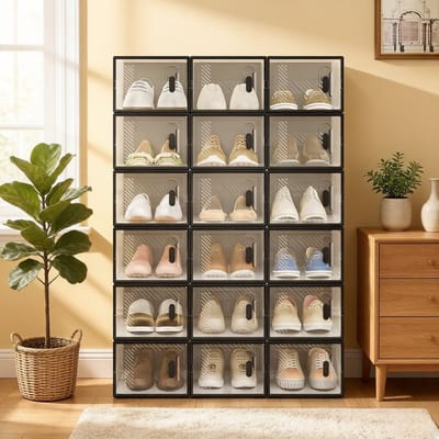 MIVRAY Schoenopbergdozen - Stapelbaar Modulair Ontwerp Met Voorklep - Set Van 18 Voor Slaapkamer En Hal - Kunststof - Zwart Transparant