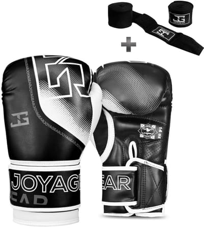 Joyagear "Evolution" Bokshandschoenen - 14 oz – Zwart/Wit – Thaise Microfiber – Nauwsluitende Pasvorm – Kickboksen & Boksen – Inclusief Bandage