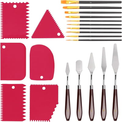 Roze Plastic Schraper en Paletmes Set met Moeder van Parel Kwasten - 5 Paletmessen, 6 Schrapers en 10 Kwasten voor Schilderen en Kunstaccessoires