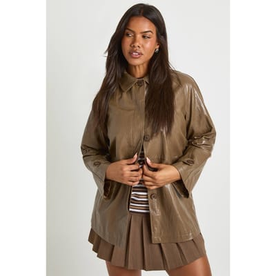 boohoo Dames Trenchcoat met korte kraag van nep leer | Mushroom | Maat: 8