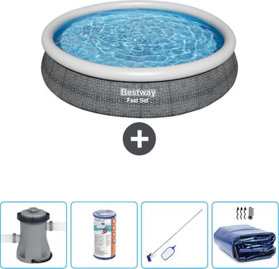 Bestway Rond Opblaasbaar Fast Set Zwembad - Rotanprint - 366 x 76 cm - Inclusief Pomp Filter - Schoonmaakset - Solarzeil
