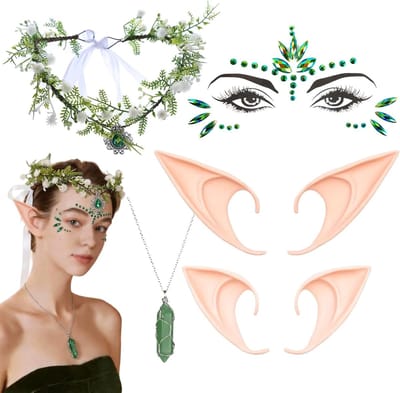 Accessoires voor elfenkostuum: hoofdtooi met elfenoren, natuursteenstickers en halsketting voor Halloween, carnaval en rollenspellen