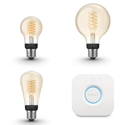 Philips Hue Starterspakket - E27 - met 3 Filament Lampen Mix - Warmwit Licht - Incl. 1 Hue Bridge - Hue White Filament
