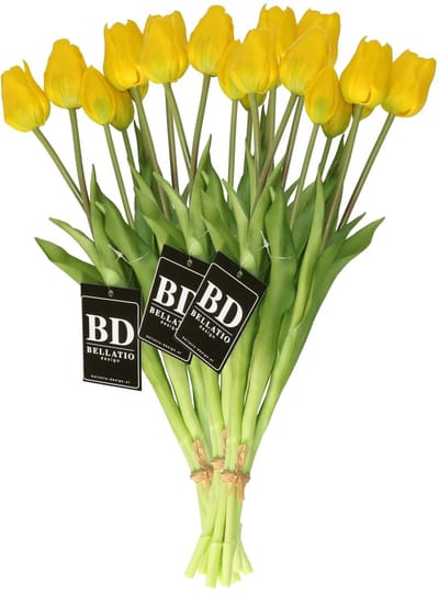 Bellatio Design Kunst tulpen boeket Sally - 21x stuks - geel - real touch - 47 cm
