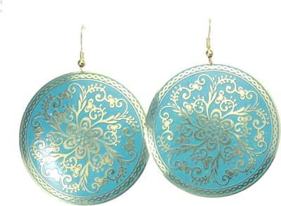 Behave - Oorhangers - Rond - Turqoise Blauw met Goudkleur - Bloemmotief
