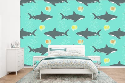 Behang - Fotobehang Patronen - Water - Haai - Jongens - Jongetje - Kind - Kids - Breedte 385 cm x hoogte 240 cm
