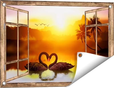 Gards Tuinposter Doorkijk Twee Zwarte Zwanen in een Hart Vorm - 60x40 cm - Tuindoek - Tuindecoratie - Wanddecoratie buiten - Tuinschilderij