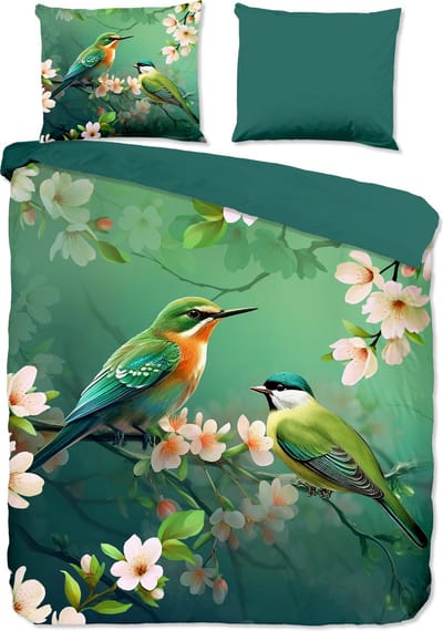 Pure dekbedovertrek bloemen en vogels - 2 persoons 200x200/220 cm - Groen - Microvezel