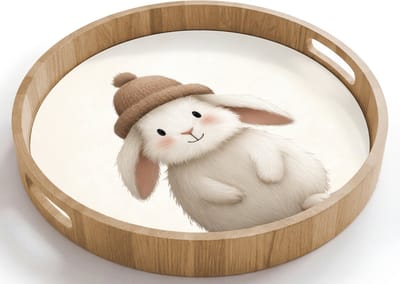 Dienblad rond 40x40 cm - Schootdienblad hout - Konijn - Muts - Oren - Beige - Borrelplank rechthoek - Plateau houten dienbladen
