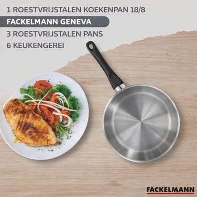Set 1 pan 20 cm, 3 roestvrijstalen pannen en 6 roestvrijstalen keukengerei Fackelmann Geneva