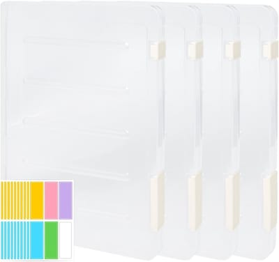 Pack van 4 A4 Opbergdozen met Etikettenstickers - Draagbare Bestandsdoos - Transparant Plastic voor Documenten en Verzamelalbums