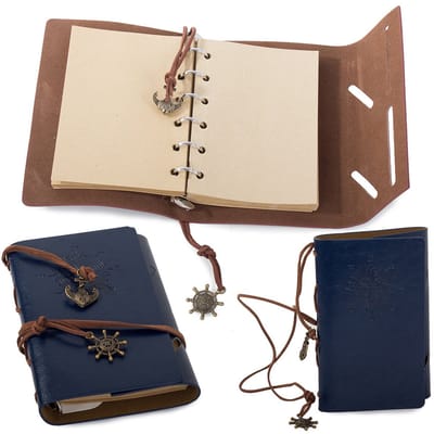 Vintage Lederen Notitieboek met Windroos 15x10CM - Blauw - Schetsboek Notebook - Cadeau idee - Blanco Papier - Travel Journal Reis Dagboek Retro