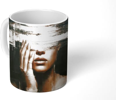 Mok - Koffiemok - Hand - Gezicht - Strepen - Abstract - Mokken - 350 ML - Beker - Koffiemokken - Theemok