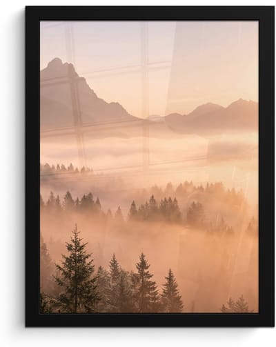 Poster in lijst - Fotolijst 30x40 cm - Posters - Zonlicht - Mist - Bergen - Bomen - Posterlijst zwart - Decoratie - Wanddecoratie woonkamer - Muurdecoratie slaapkamer