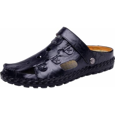 Echt Leer Zachte Zool Sandalen Zomer Nieuwe Heren Casual Mode Slippers Slijtvaste Strand Schoenen Gesloten Teen Handgemaakt Antislip Heren 44 zwart