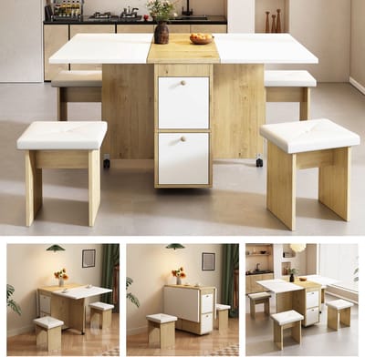 Eettafelset - 120x80x75 cm - Uitschuifbare Klaptafel + 4 Stoelen - Multifunctioneel - MDF/Metaal - Wit/Eiken