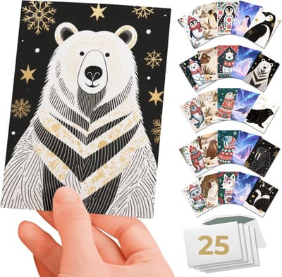 Inspra Studio – Luxe Kerstkaarten met Enveloppen – 25 Stuks – Dieren Wenskaarten Collectie – Mix van 5 Unieke Illustratiestijlen – Pinguïn, IJsbeer, Zeehond, Walrus & Poolvos