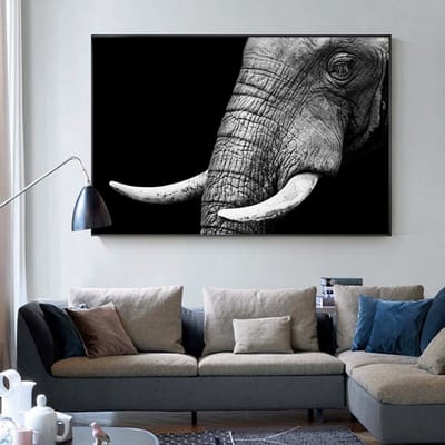 Allernieuwste.nl® Canvas Schilderij Wijze Olifant Kop - Kunst Poster - Dieren - Zwart Wit - 60 x 90 cm