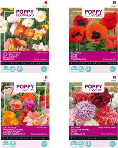 Poppy / Klaprozen zaden set van 4 soorten | IJslandse papaver | Oosterse klaproos | Slaapbol Pioenbloemige | Papaver Thai Silk | Set je tuin vol met bloemen!