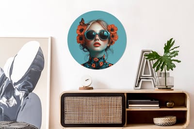 WallCircle - Wandcirkel - Muurcirkel - Vrouw - Blauw - Vlinder - Bloemen - Aesthetic - Aluminium - Dibond - 60x60 cm - Binnen en Buiten
