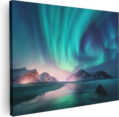 Artaza Canvas Schilderij Noorderlicht - 40x30 cm - Klein - Muurdecoratie Zeezicht - Wanddecoratie Bergen - Kamer Accessoires