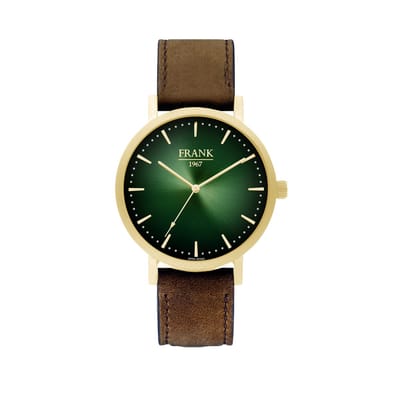 Frank 1967 7FW-0026 Metalen Horloge met Bruine Leren Band -Doorsnee 42 mm - Groen/ Goudkleurig