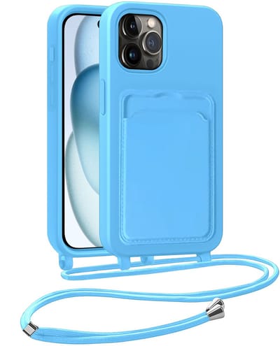 Hoesje Geschikt voor iPhone 14 Pro Hoesje Met Telefoonkoord en Pasjeshouder Siliconen - Hoes Geschikt voor iPhone 14 Pro Hoesje Met Kaarthouder Case - Lichtblauw