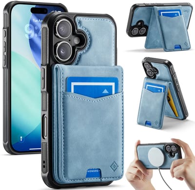 Casemania Hoesje Geschikt voor Apple iPhone 17 - Aqua Blue - Geschikt voor MagSafe - Back Cover met Afneembare Magnetische Pasjeshouder met Standaard - Telefoonhoesje en Kaarthouder
