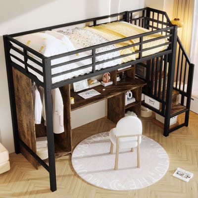 Hoogslaper 90 x 200 cm - met opbergruimte - kledingkast - bureau - zonder matras - zwart