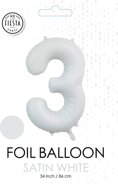 folieballon cijfer 3 mat wit metallic